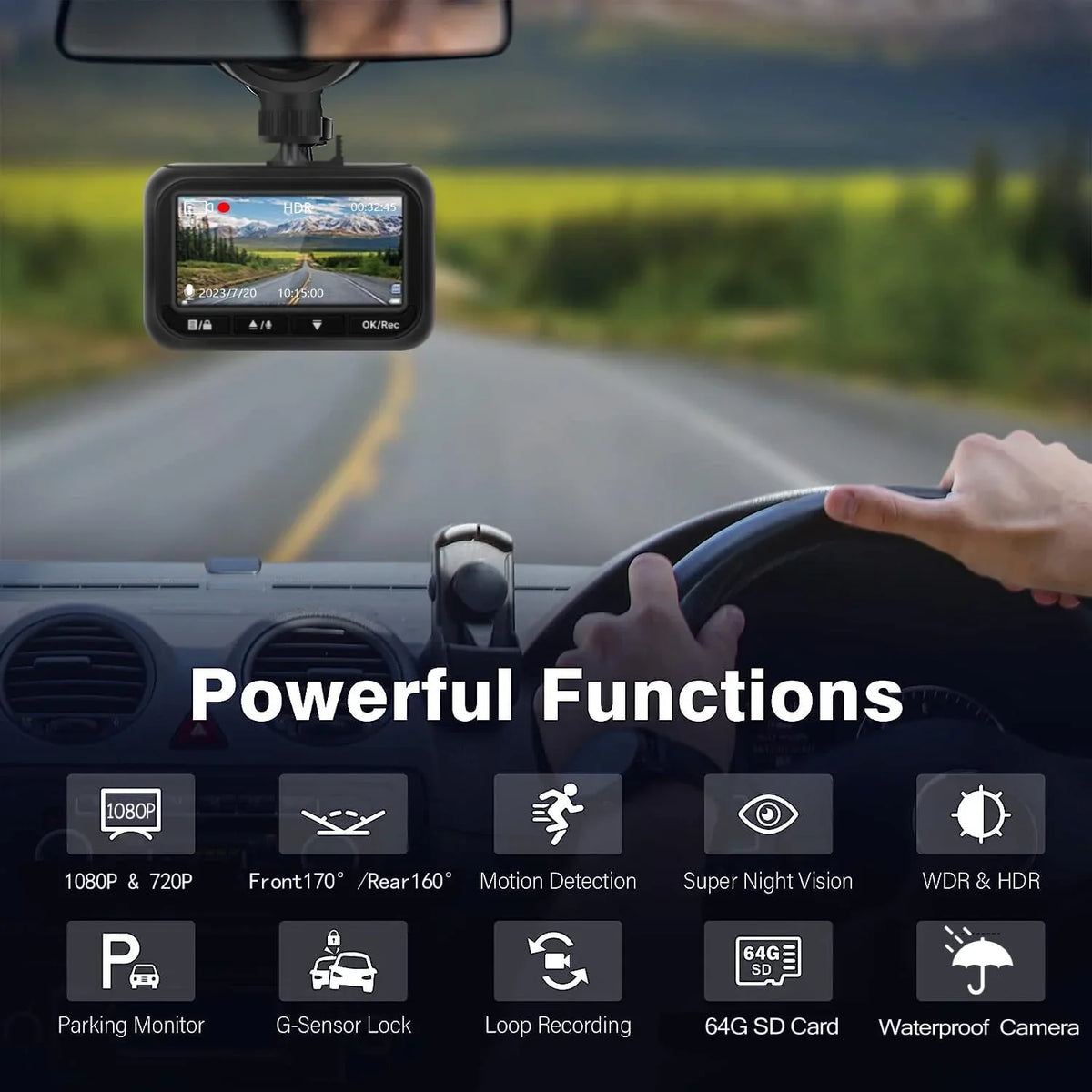 Dash Cam Front and Rear, 1080P Full HD Dash Camera for Cars, 64G SizeD , 2.45 inch IPSize Sizecreen, Night Vision, WDR, 2