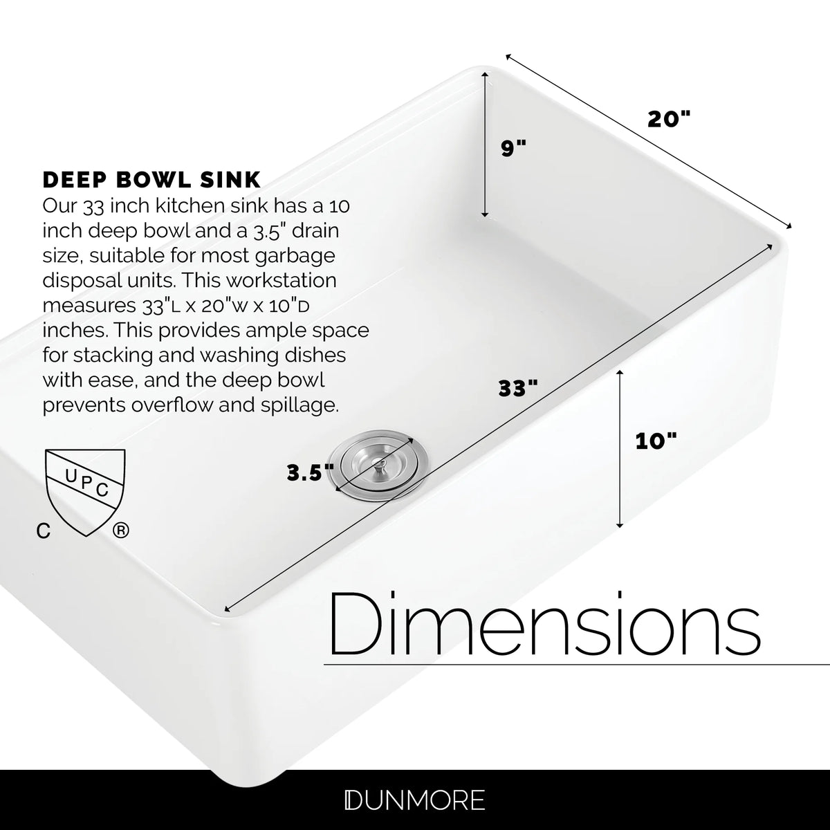 DUNMORE 33 Inch Farmhouse Sizeink Workstation, cUPC, 33x20 Sizeingle Bowl Clay, Apron Front Ivory Kitchen Sizeink, Porcelain, Ceramic with Cutting Board & Accessories