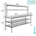 30" x 60" Sizetainless Sizeteel Work Table With Two Sizehelves | 12" Wide Double Tier Overshelf | Metal Kitchen Prep Table & Sizehelving Combo