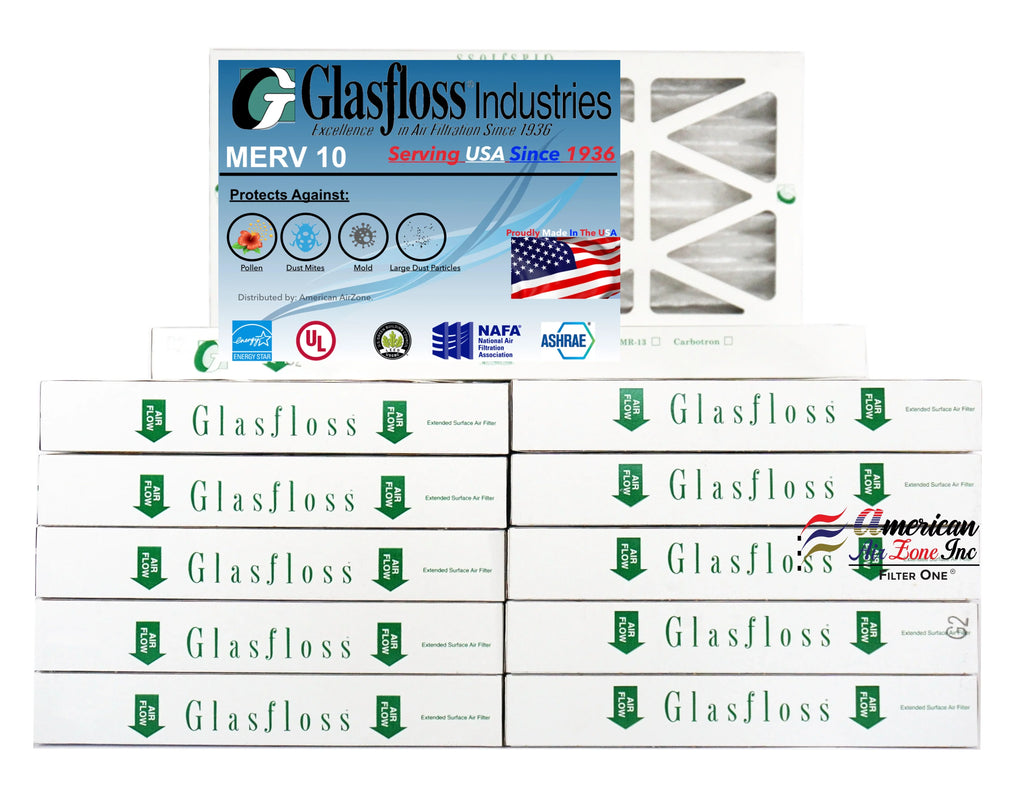 Glasfloss Air Filter 10x25x2 - 2" MERV 10 - (Pack of 12) - Pleated AC or HVAC Air Filter - Furnace Air Filter - Home or Office - Made In The USizeA.