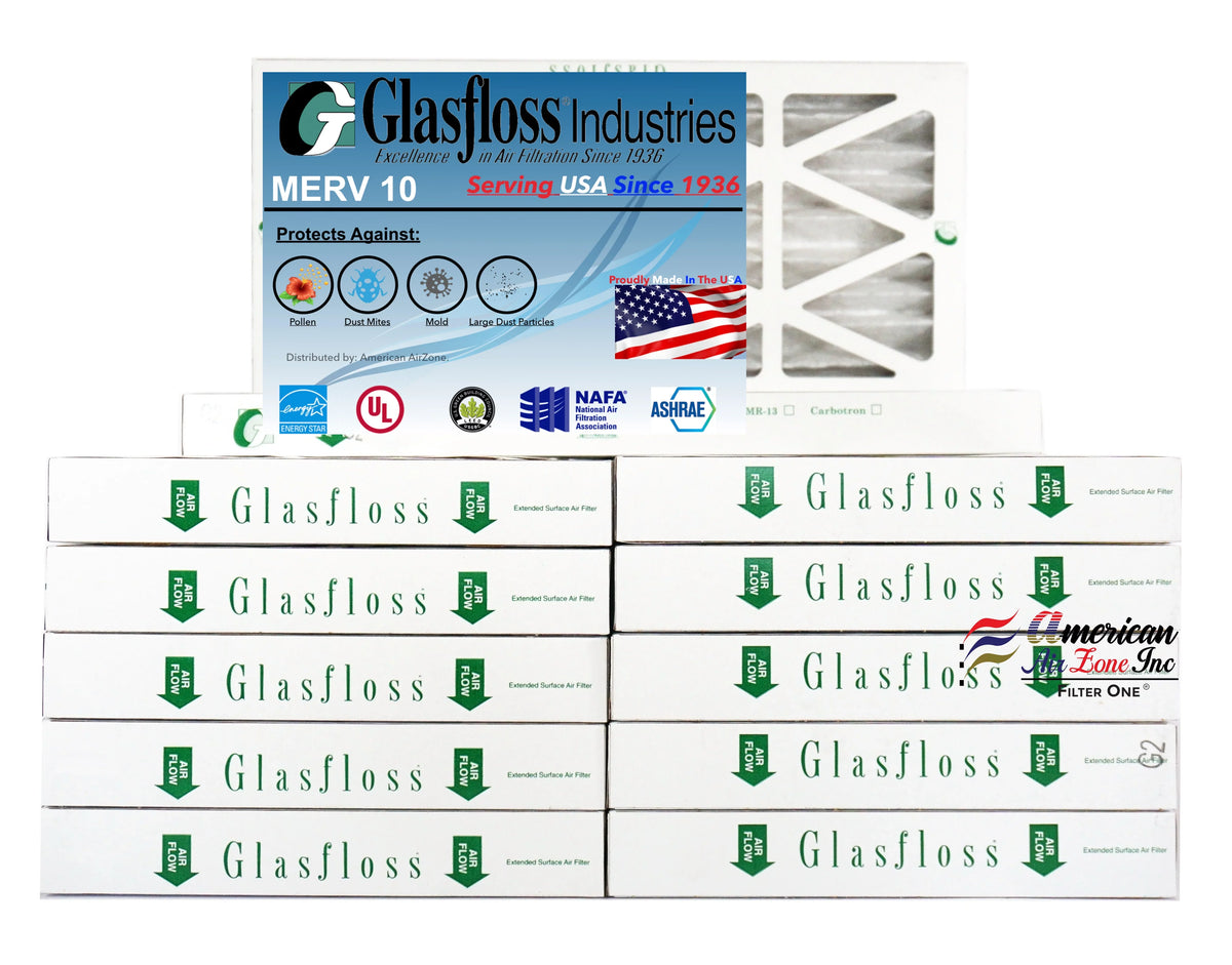 Glasfloss Air Filter 10x25x2 - 2" MERV 10 - (Pack of 12) - Pleated AC or HVAC Air Filter - Furnace Air Filter - Home or Office - Made In The USizeA.