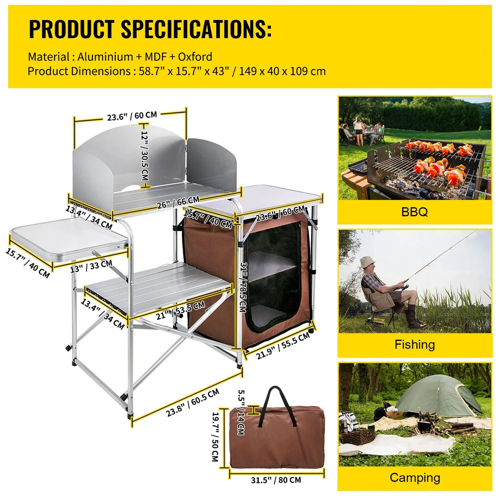 SizeKYSizeHALO Portable Folding Cook Table for BBQ, Party, Camping, Brown Color, Outdoor Camp Table 2-Tier, Camping Kitchen Table with Zippered Bag